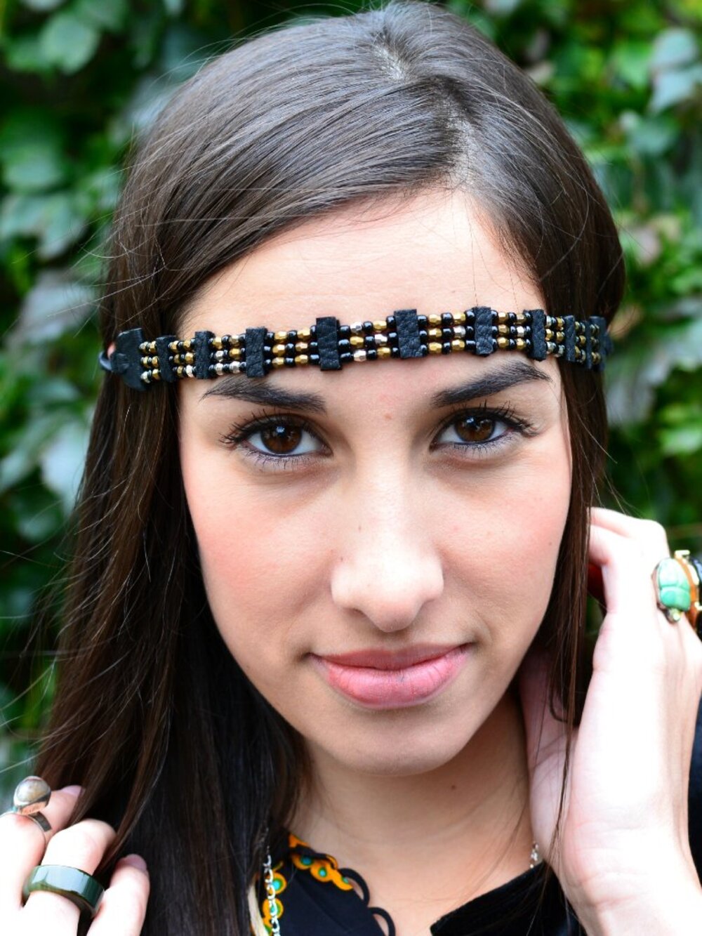 Hand Beaded Black Deerskin Headband - Leather Headband - Festival Hair Accessory